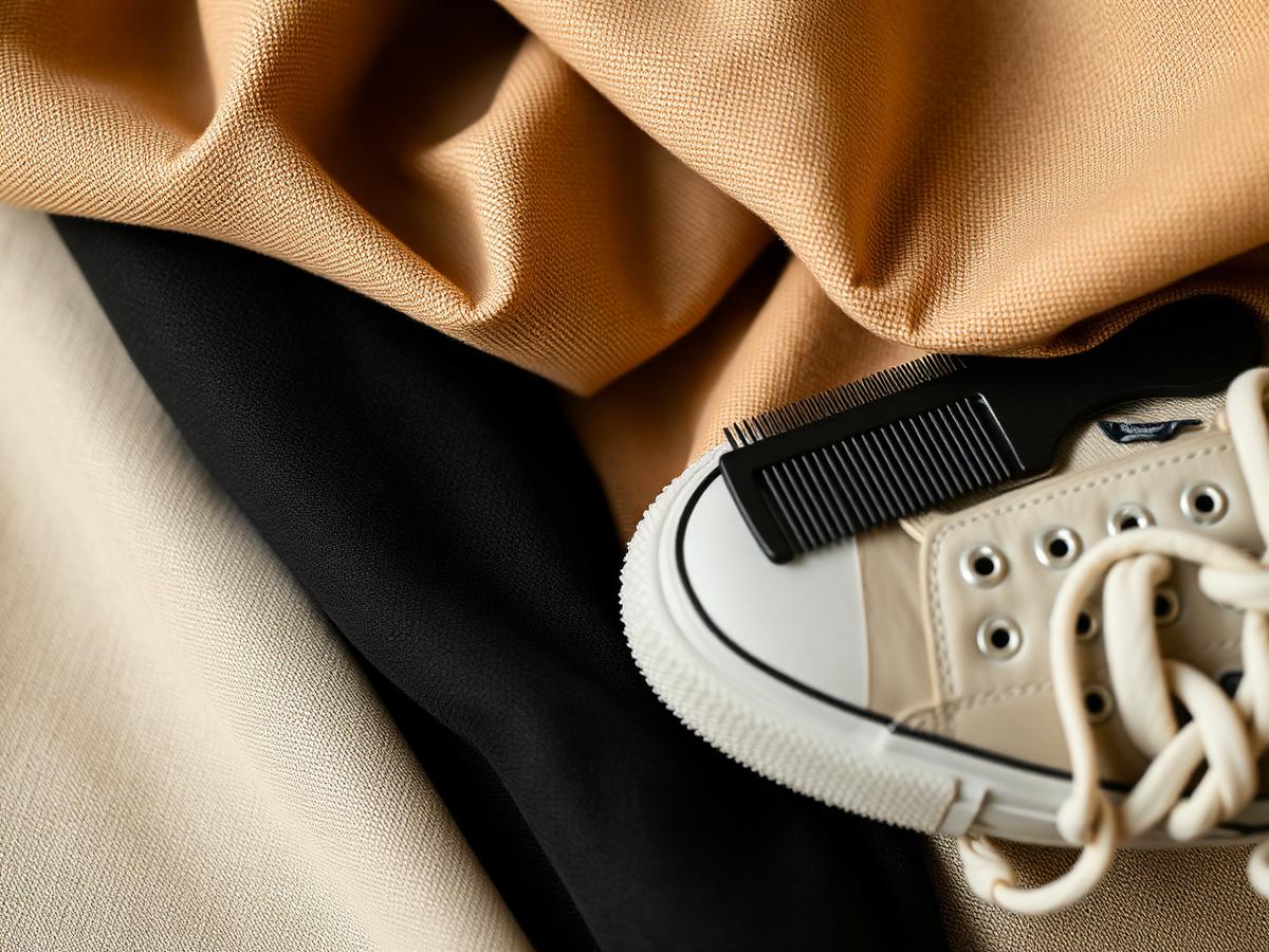 Beige and black menswear fabrics with a vintage sneaker and comb